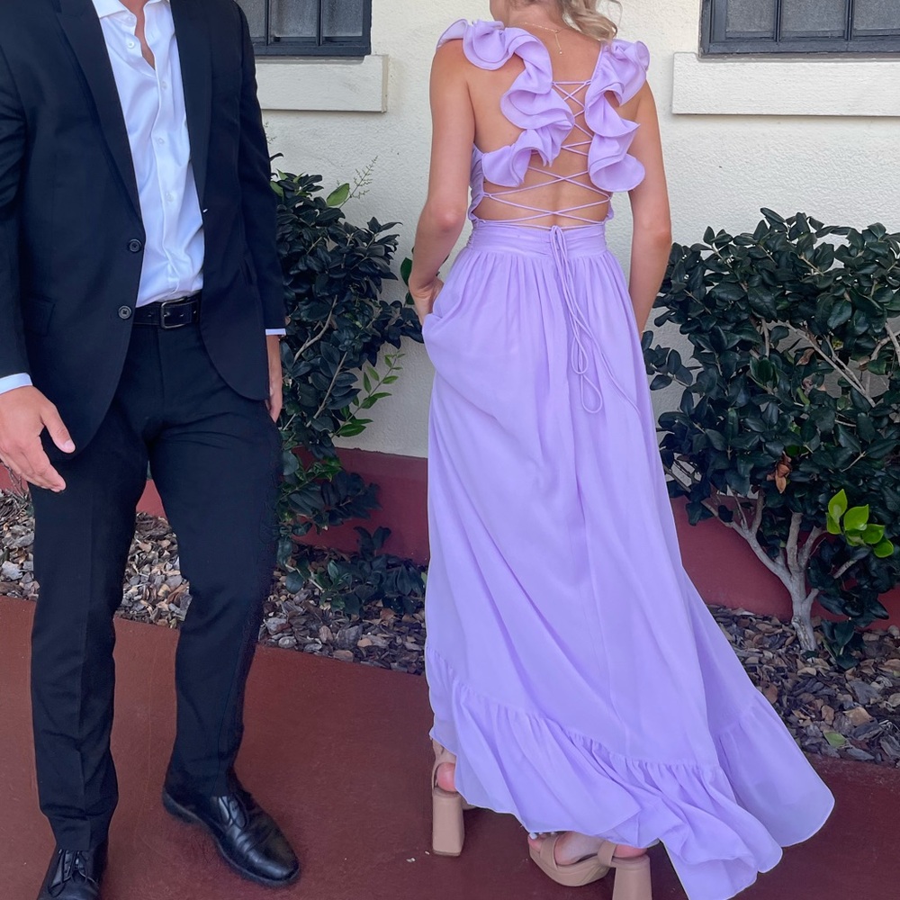 Lulu’s Lilac Ruffled Open-Back Evening Gown